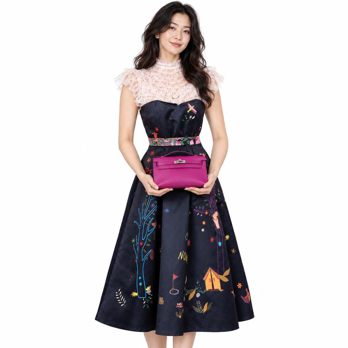 Hermès Kelly Mini Pochette Rose Pourpre Swift Palladium Hardware shown on a model