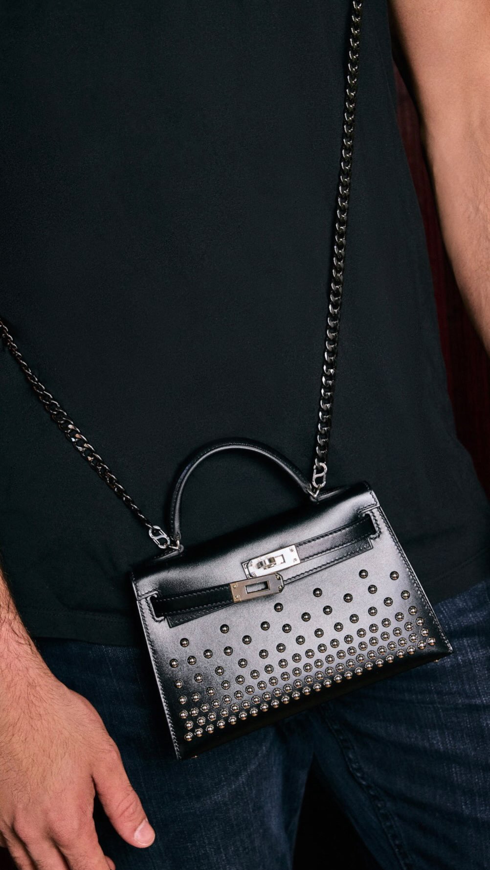 JANEFINDS Instagram: a black studded Kelly worn crossbody on a chain