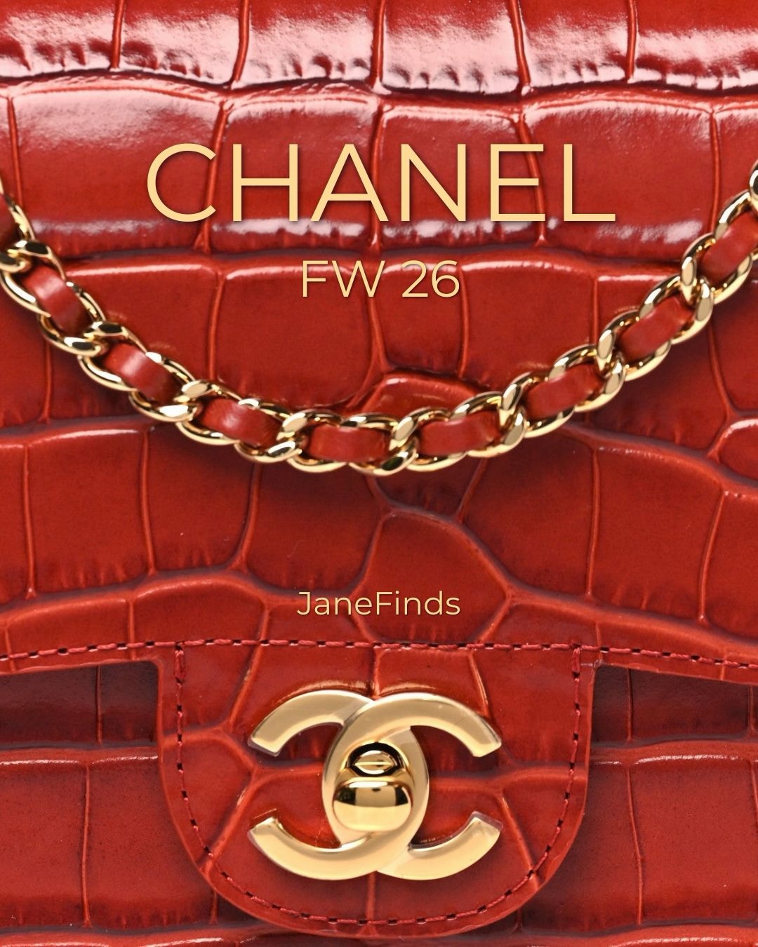 JANEFINDS Instagram: Close-up of a red Chanel flap bag with gold chain strap and CC turn-lock, CHANEL FW 26 text overlay