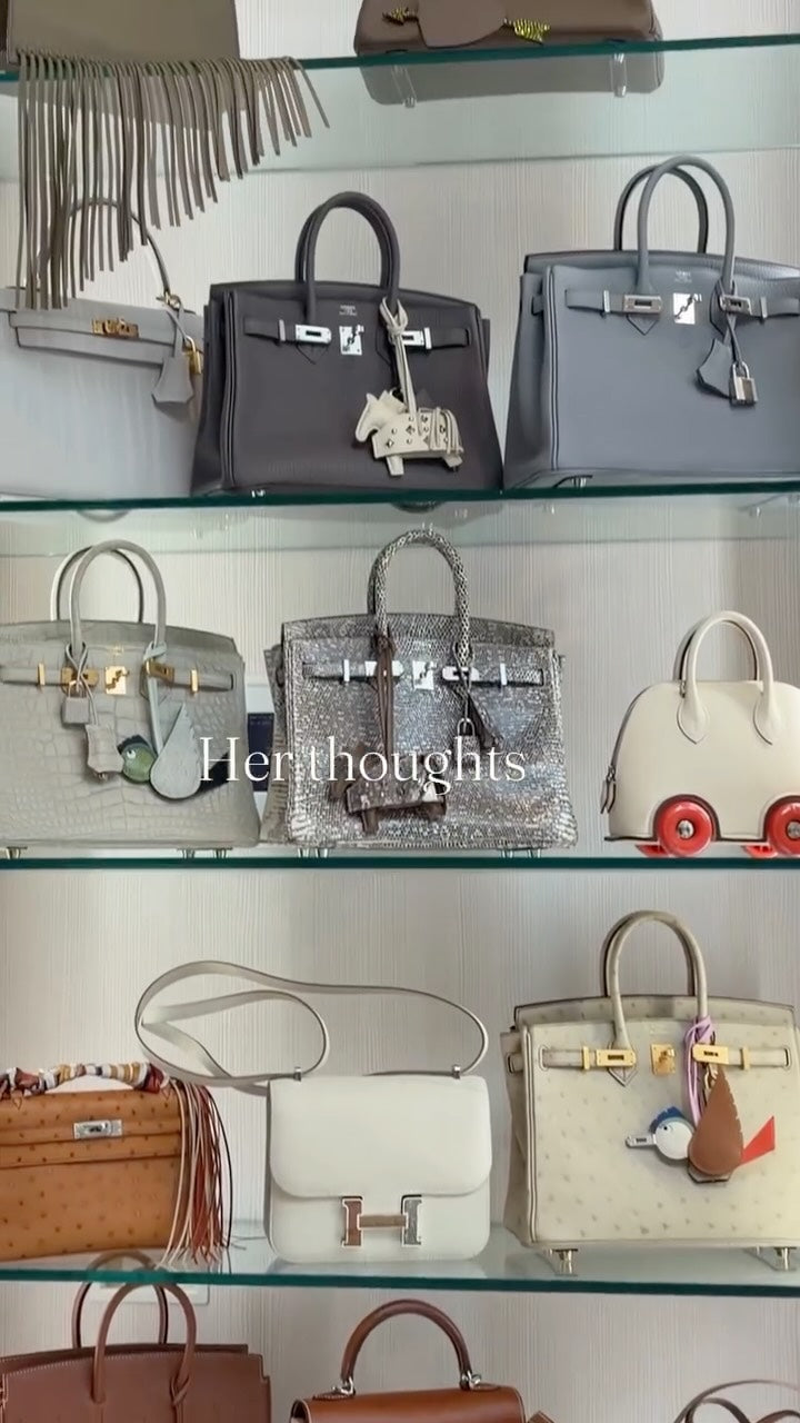 JANEFINDS Instagram: Glass shelves lined with handbags and bag charms, "Her thoughts" text overlay