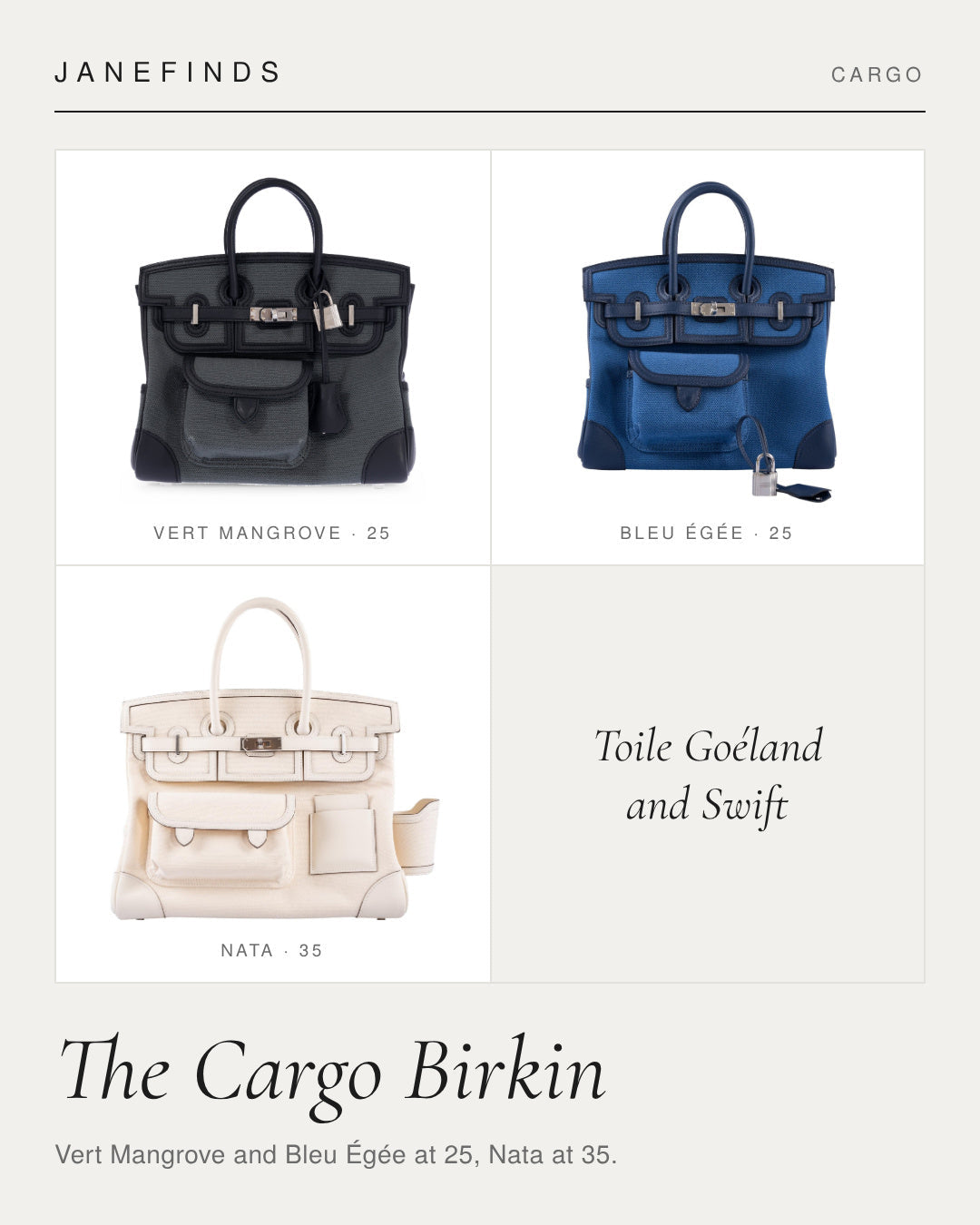 JANEFINDS Instagram: Three Birkin Cargo bags in Vert Mangrove, Bleu Égée and Nata Toile Goéland and Swift, titled The Cargo Birkin