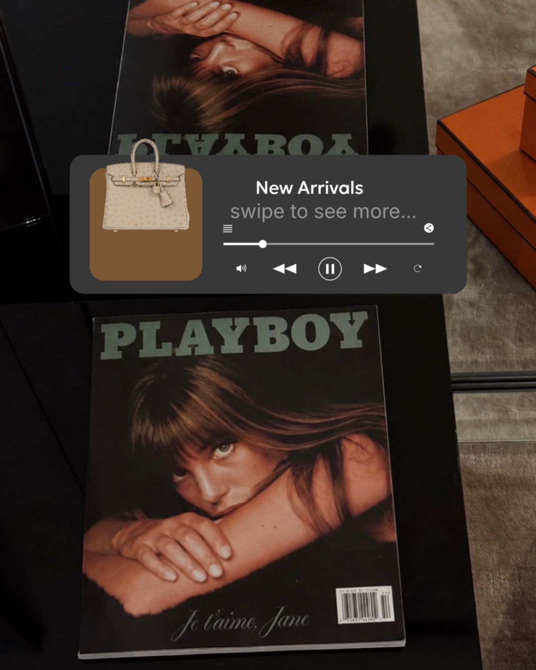 JANEFINDS Instagram: magazines on a dark table beside an orange box, with a New Arrivals overlay showing a light-colored handbag