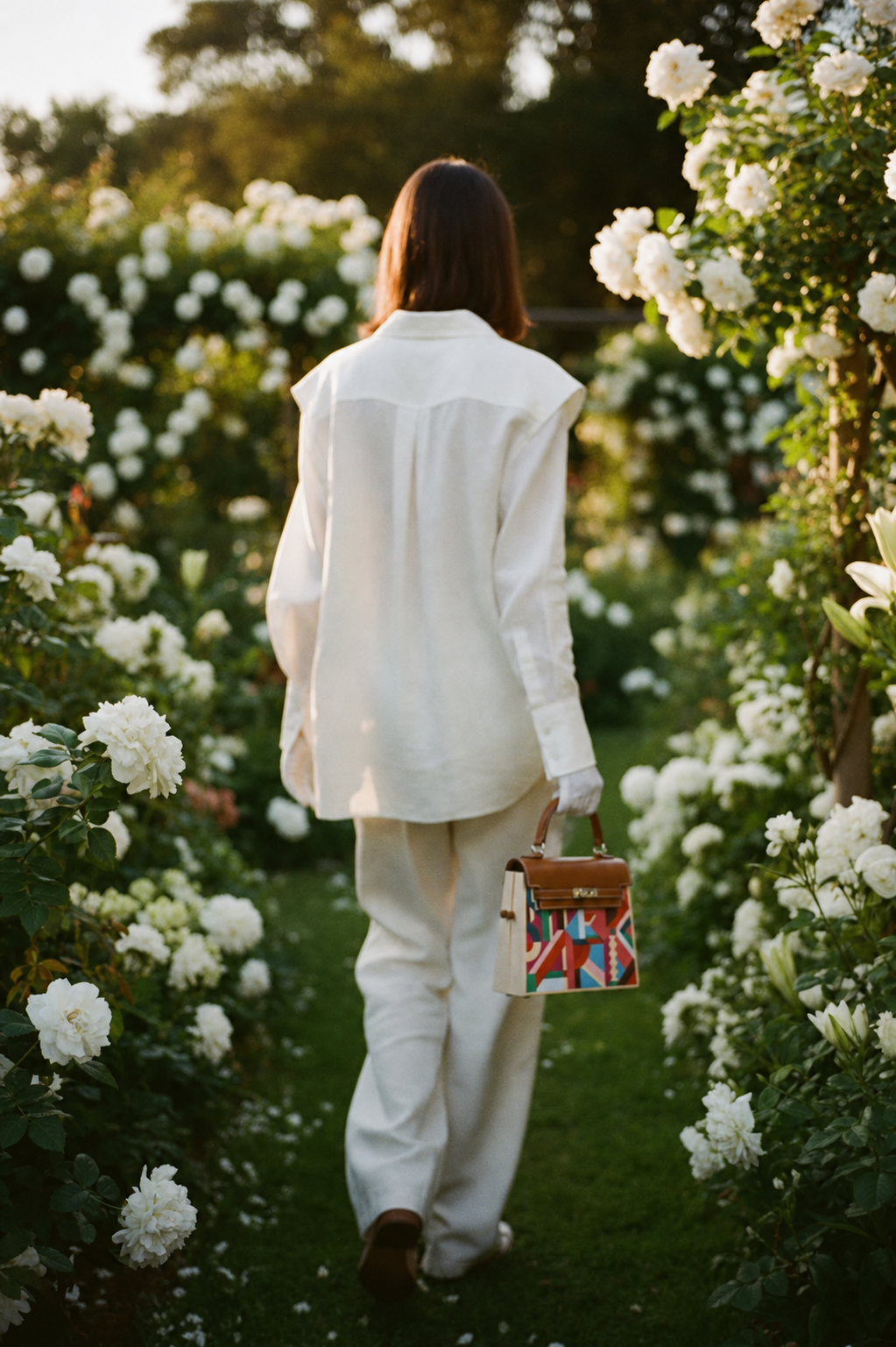Hermès Kelly Kellywood model shot in a white-flower garden, showing natural wood side panels
