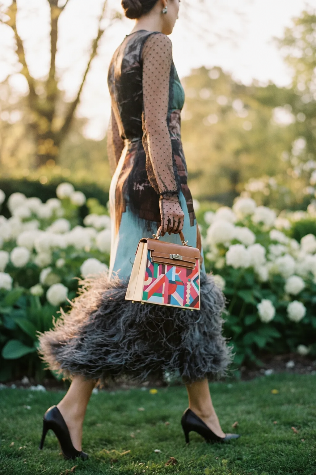 Hermès Kelly Kellywood model shot with couture dress, showing natural wood side panels