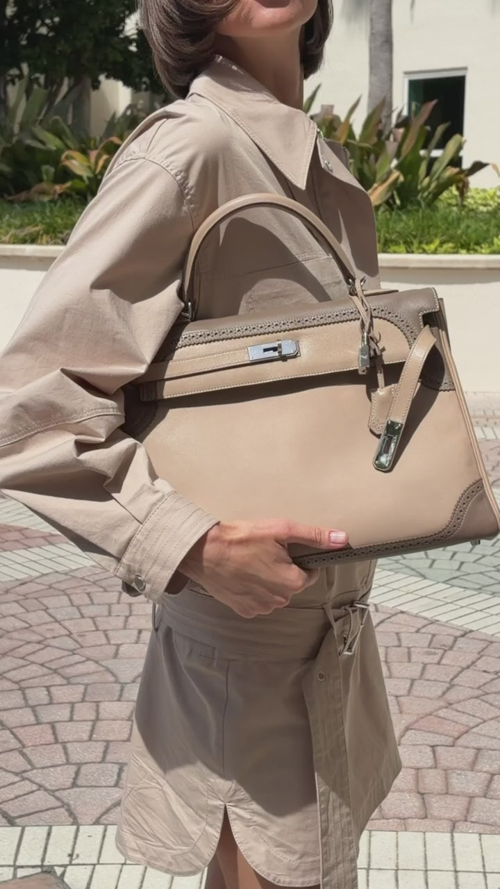 Hermès Kelly 32 Ghillies Retourne Étoupe and Argile Swift Palladium Hardware