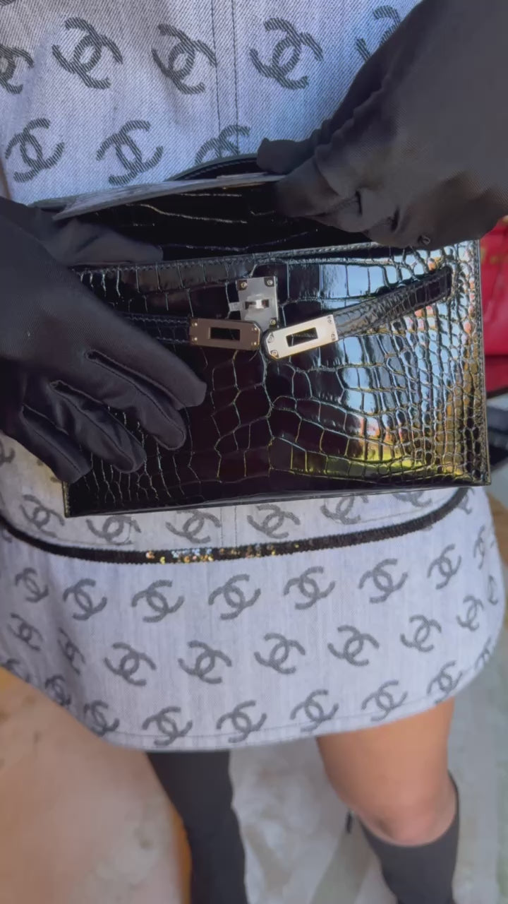 Hermès Kelly Pochette HSS Noir / Lime Interior Shiny Alligator Permabrass Hardware