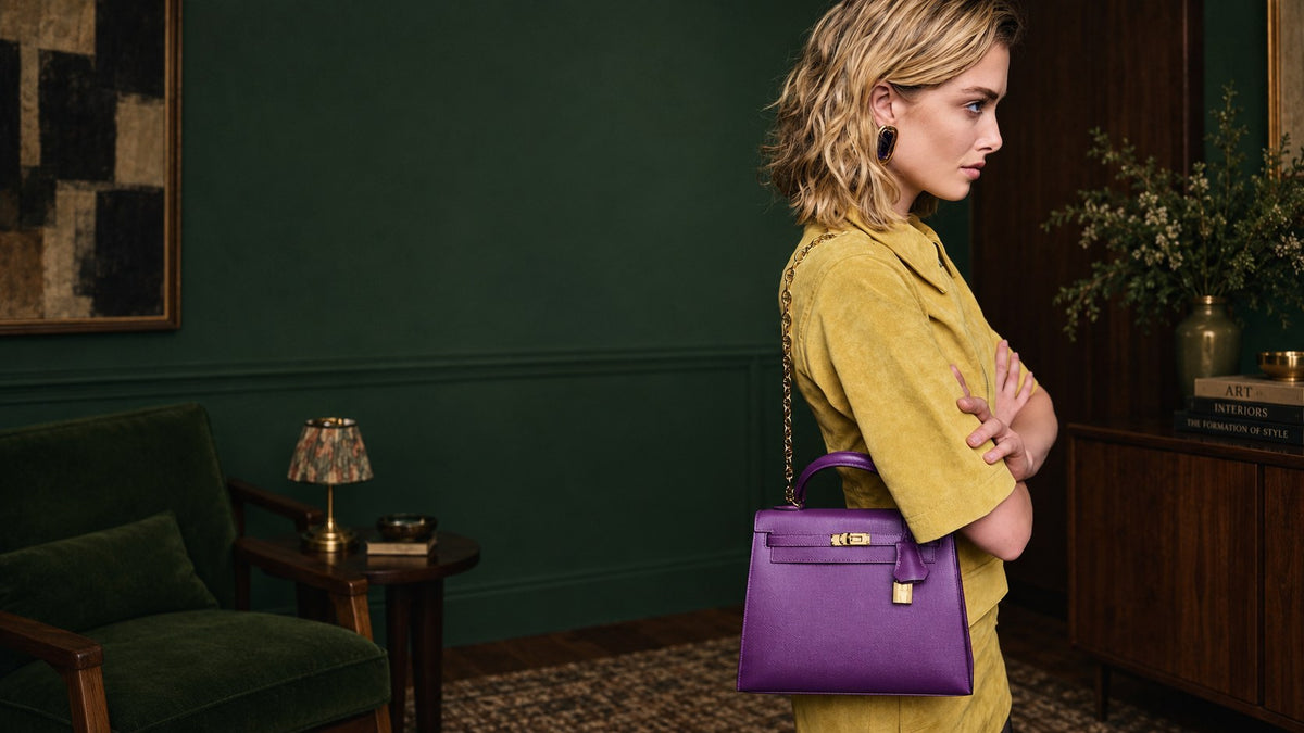 JaneFinds campaign model in a chartreuse suede shirt in a dark green sitting room, a purple Epsom Kelly with gold hardware on a gold chain strap over her shoulder
