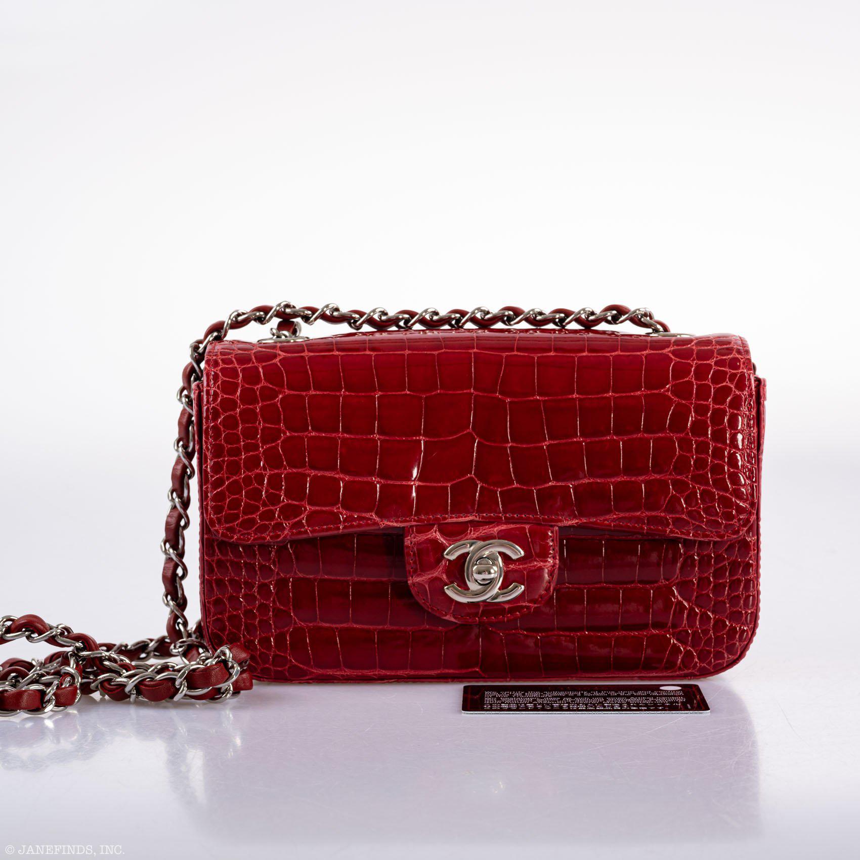 CHANEL Red Shiny Alligator Classic Mini Flap Bag with Silver Hardware