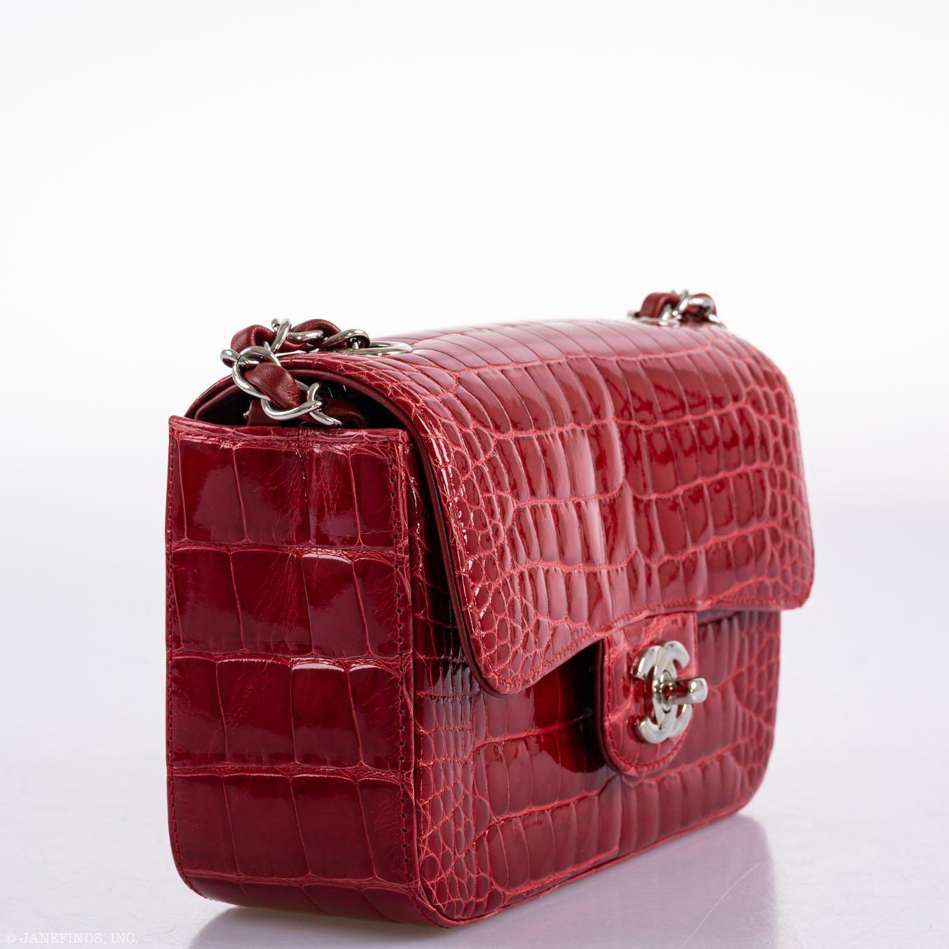 CHANEL Red Shiny Alligator Classic Mini Flap Bag with Silver Hardware