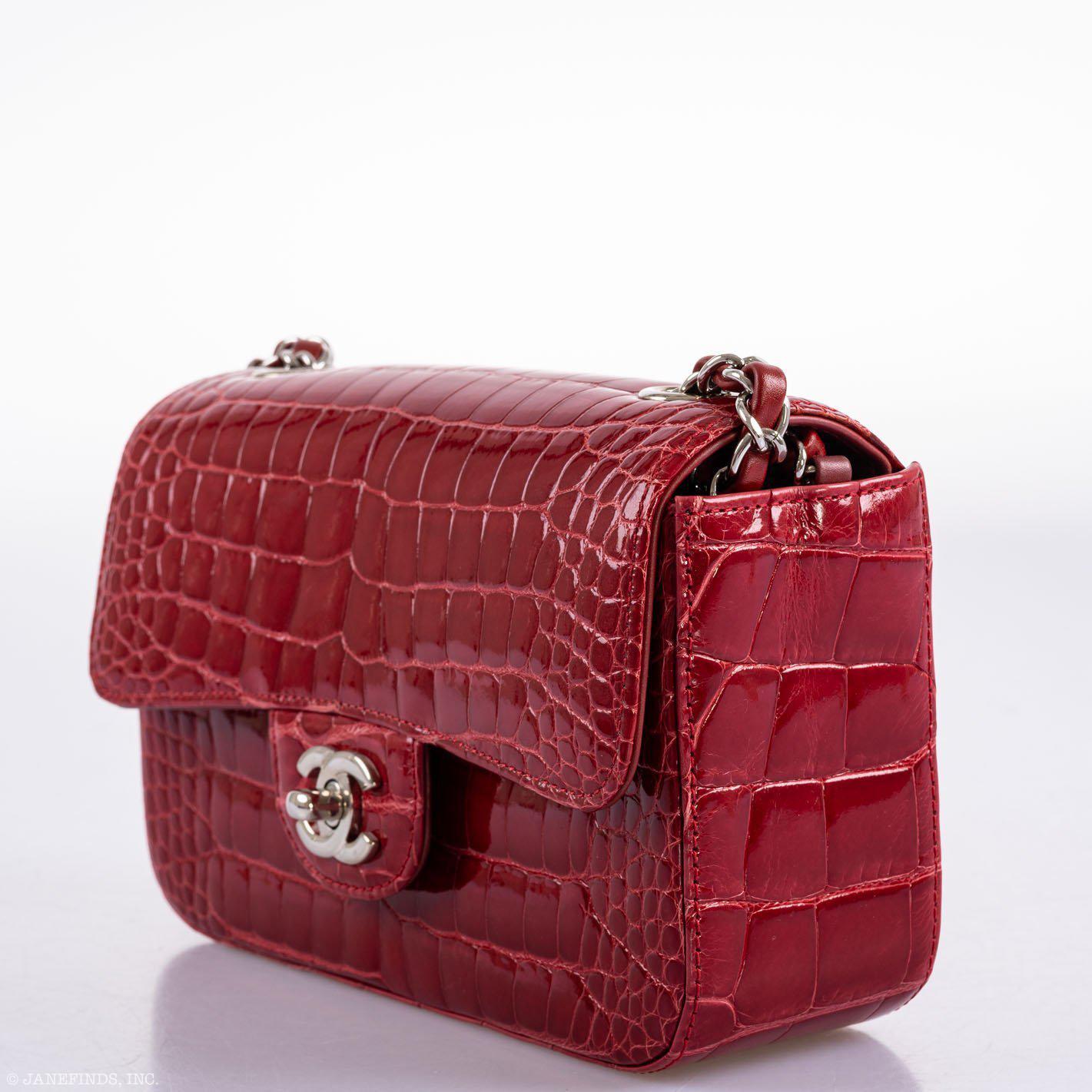 CHANEL Red Shiny Alligator Classic Mini Flap Bag with Silver Hardware