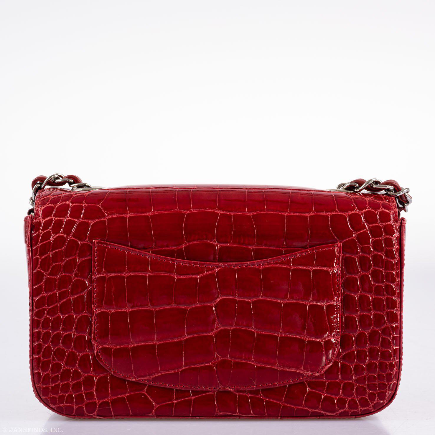 CHANEL Red Shiny Alligator Classic Mini Flap Bag with Silver Hardware