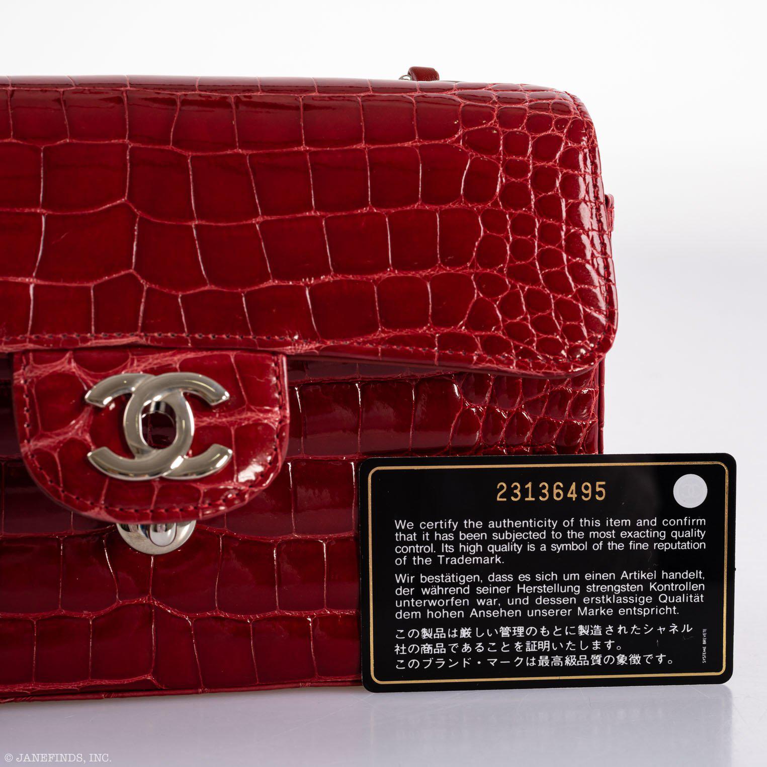 CHANEL Red Shiny Alligator Classic Mini Flap Bag with Silver Hardware