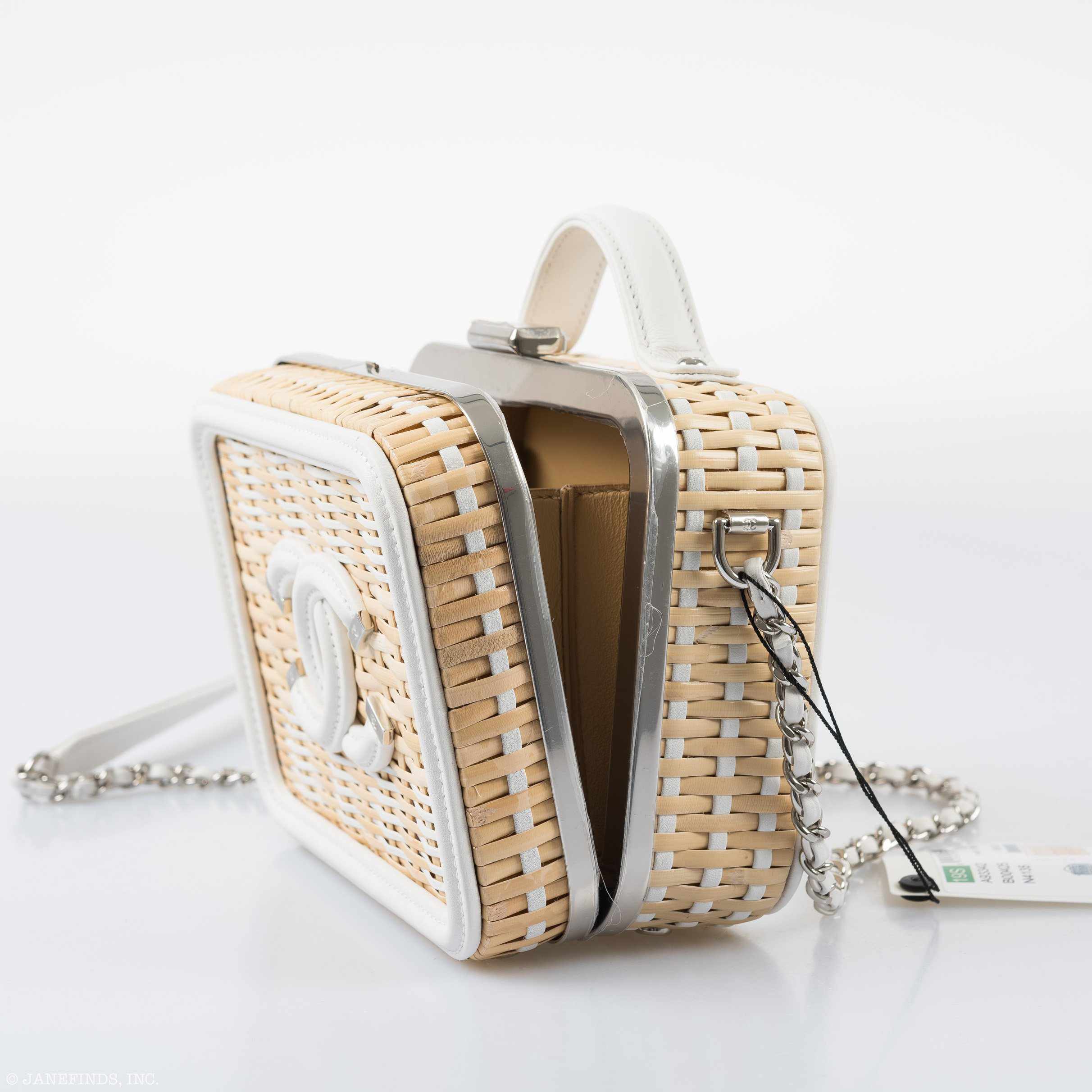 Chanel Vanity Case Beige & White, Rattan, Patent Calfskin & Silver-Tone Metal
