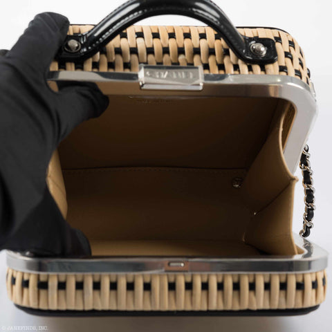 Chanel Vanity Case Black, Beige & White Rattan, Patent Calfskin & Silver-Tone Metal