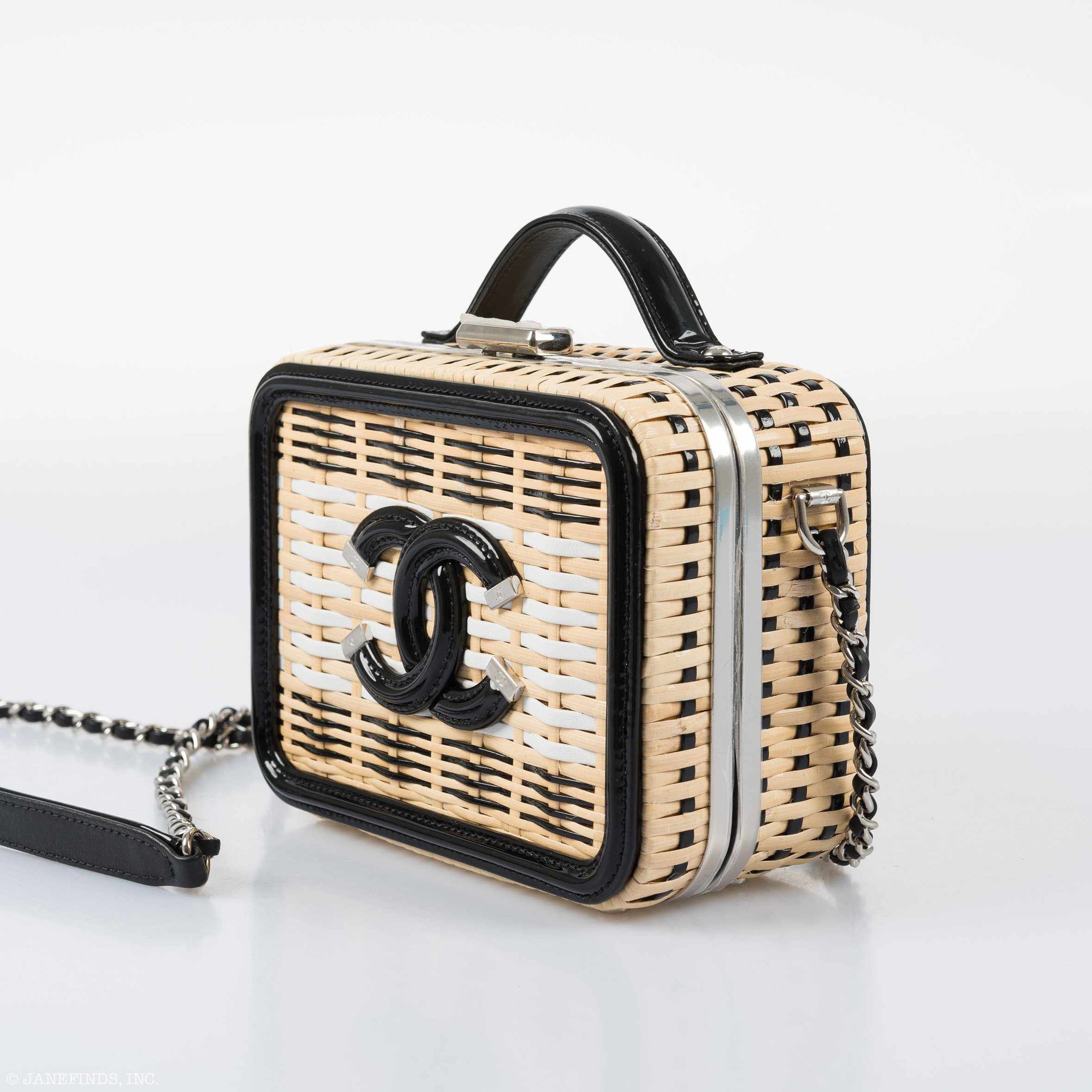 Chanel Vanity Case Black, Beige & White Rattan, Patent Calfskin & Silver-Tone Metal
