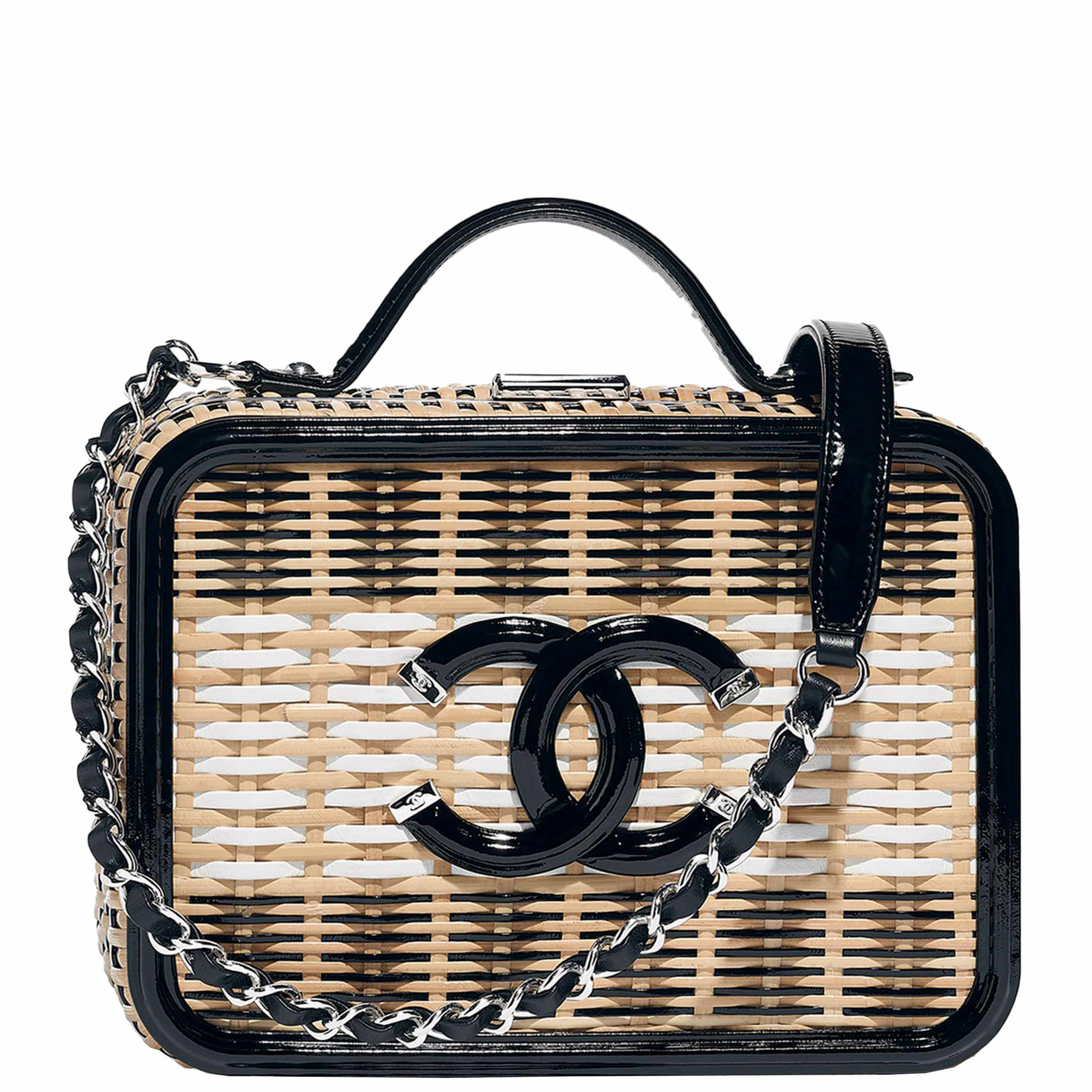 Chanel Vanity Case Black, Beige & White Rattan, Patent Calfskin & Silver-Tone Metal