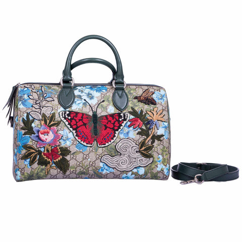 Gucci Linea A Butterfly Embroidered Boston Bag