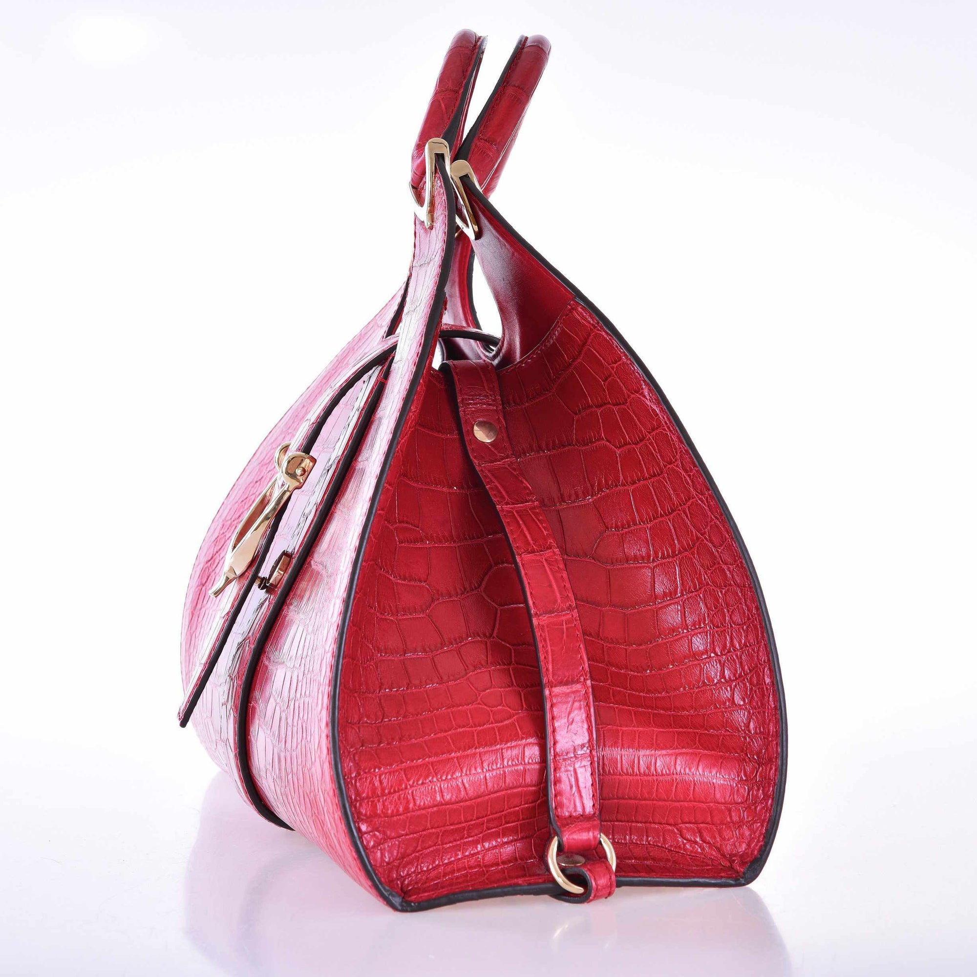 Gucci Stirrup Top Handle Bag Red Matte Crocodile Gold-Tone Hardware