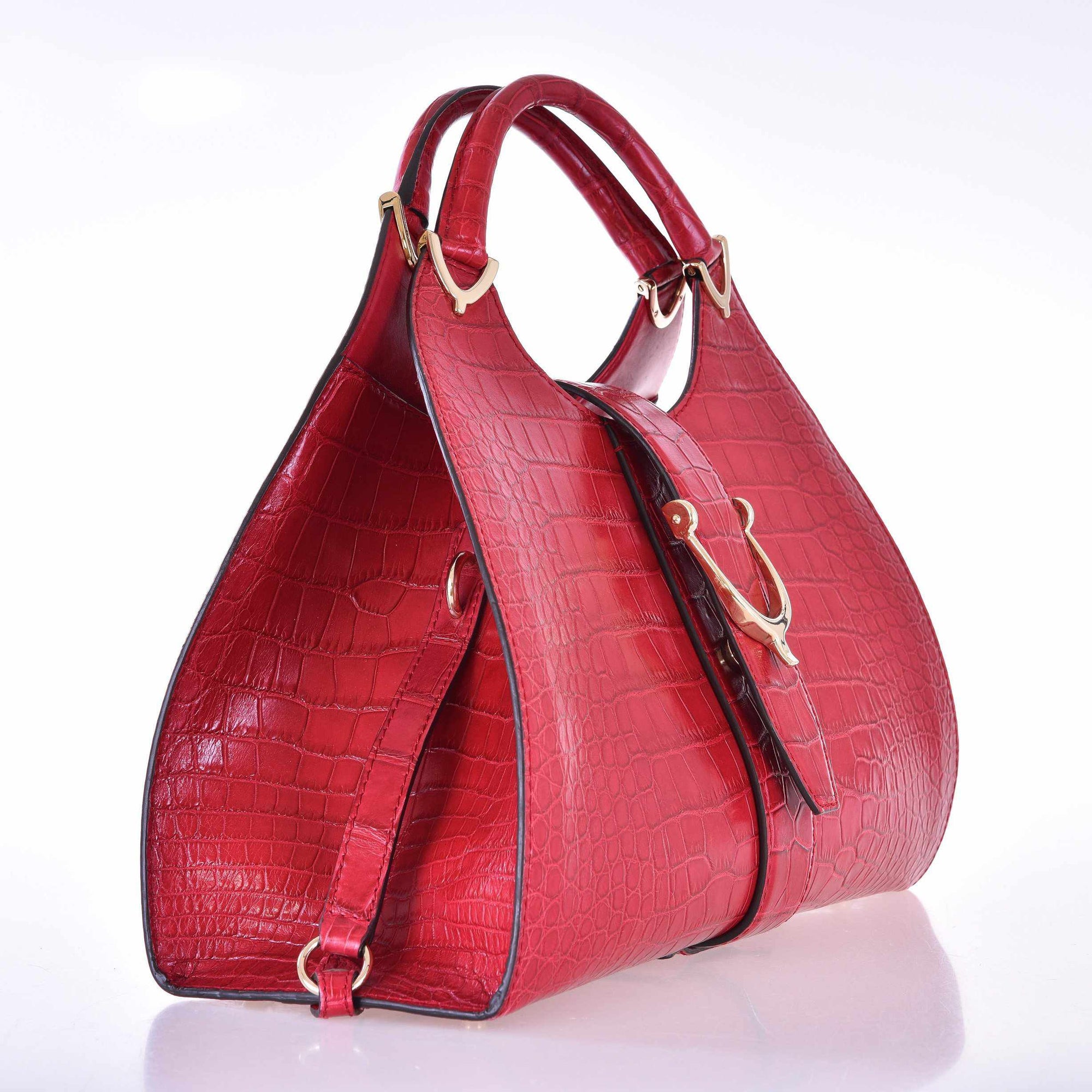 Gucci Stirrup Top Handle Bag Red Matte Crocodile Gold-Tone Hardware