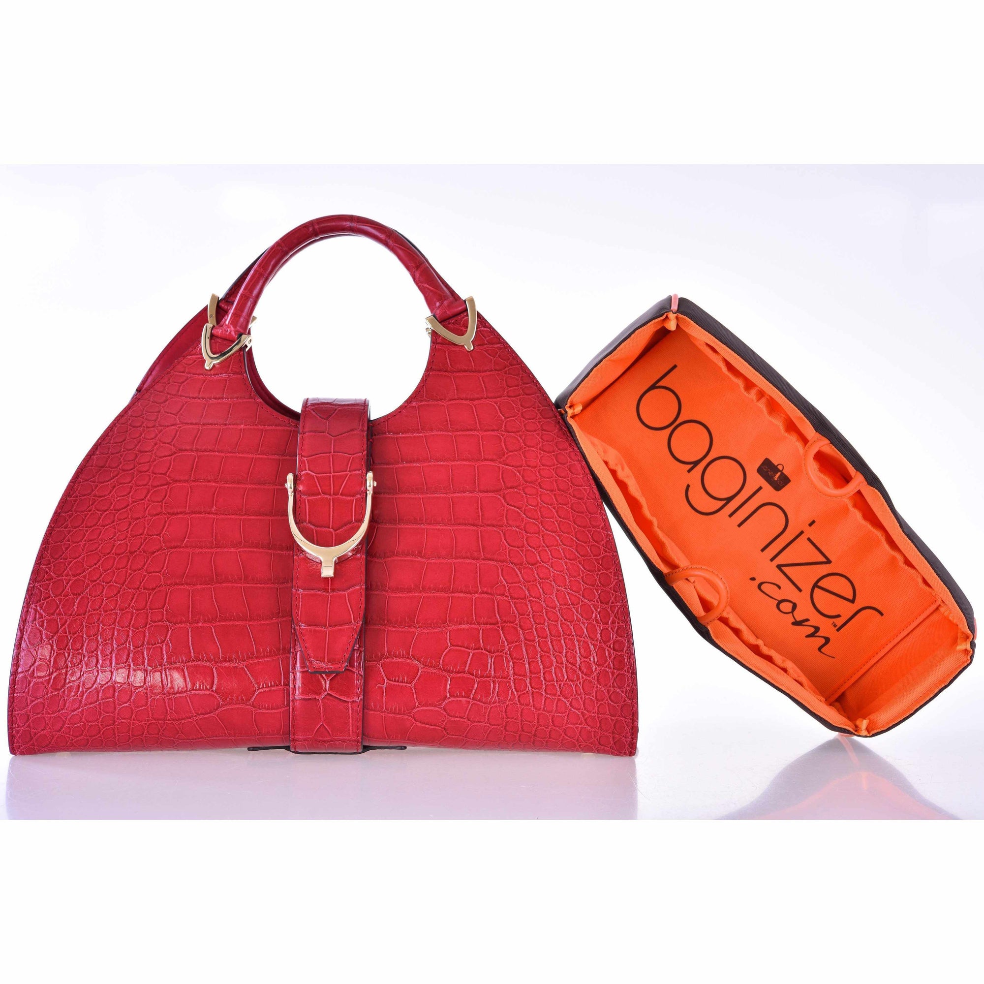 Gucci Stirrup Top Handle Bag Red Matte Crocodile Gold-Tone Hardware