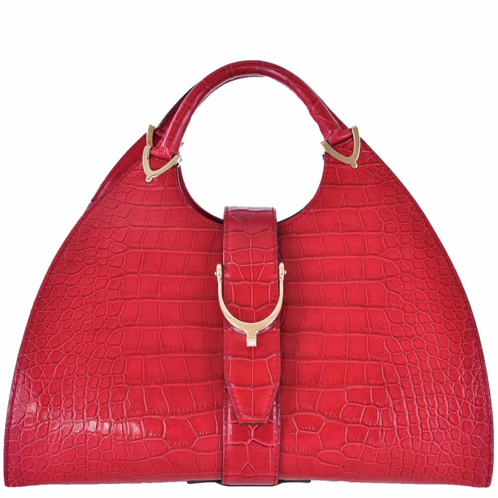 Gucci Stirrup Top Handle Bag Red Matte Crocodile Gold-Tone Hardware