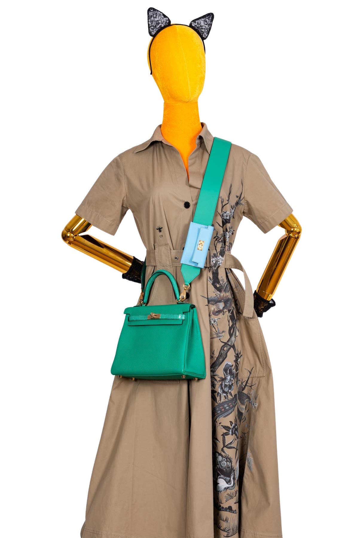 Hermès Bandouliere Kelly Pochette Shoulder Strap Menthe Swift and Celeste Epsom Gold hardware