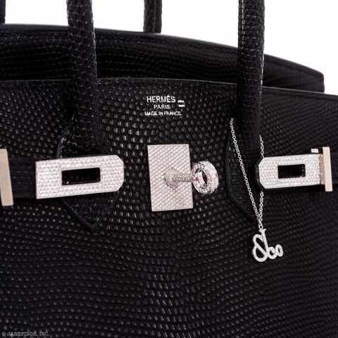 Hermès Birkin 25 Black Salvator Lizard With Jacob & Co. White Gold & Diamond Hardware