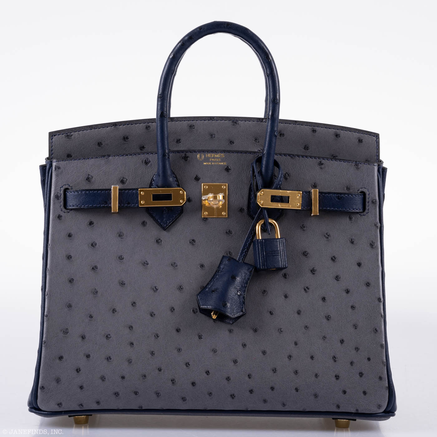 Hermès Birkin 25 HSS Gris Agate & Blue Iris Ostrich Gold Hardware