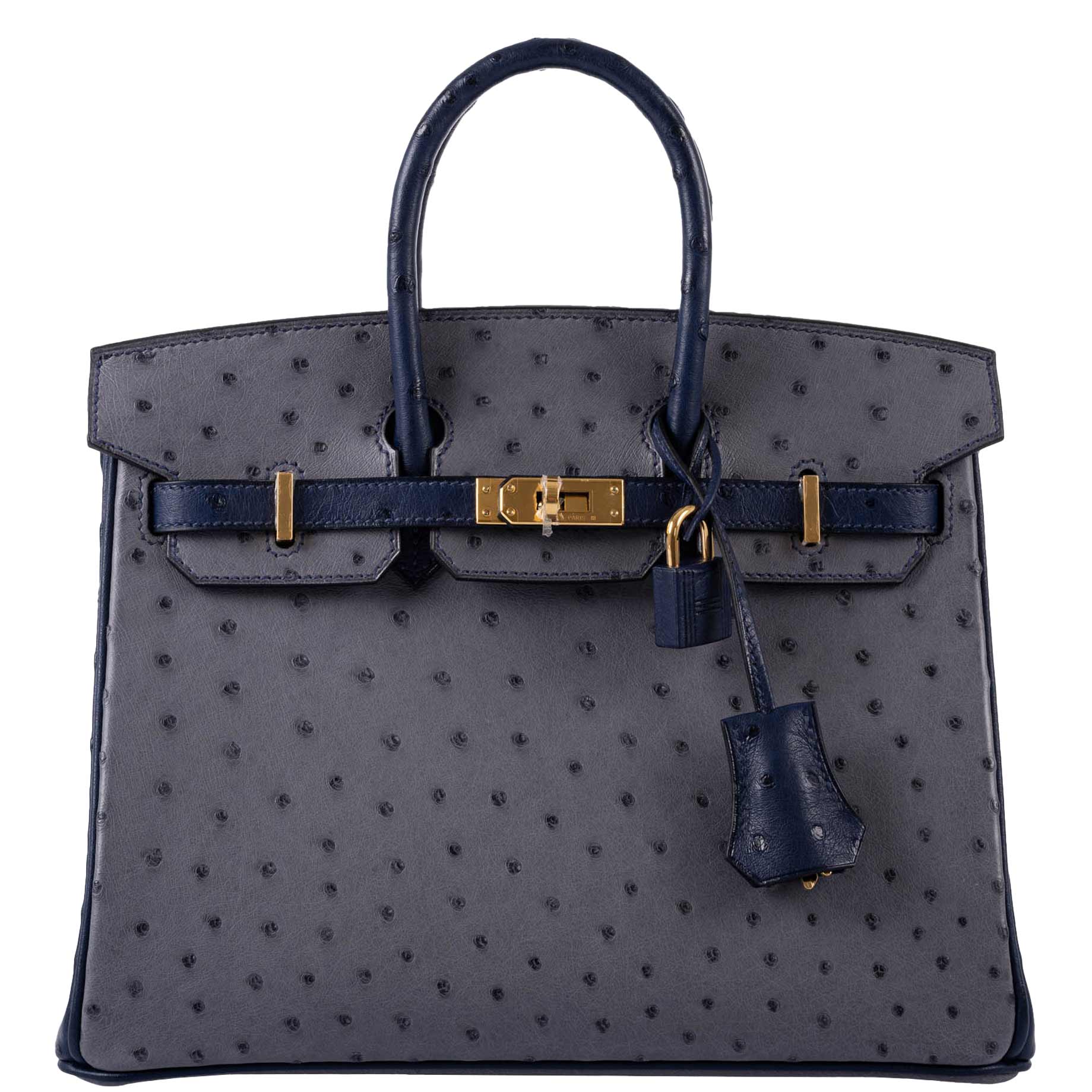 Hermès Birkin 25 HSS Gris Agate & Blue Iris Ostrich Gold Hardware