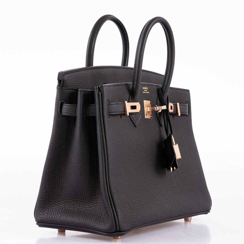Hermès Birkin 25 Noir Togo Rose Gold Hardware, three-quarter view showing the side gusset, front closure and padlock.