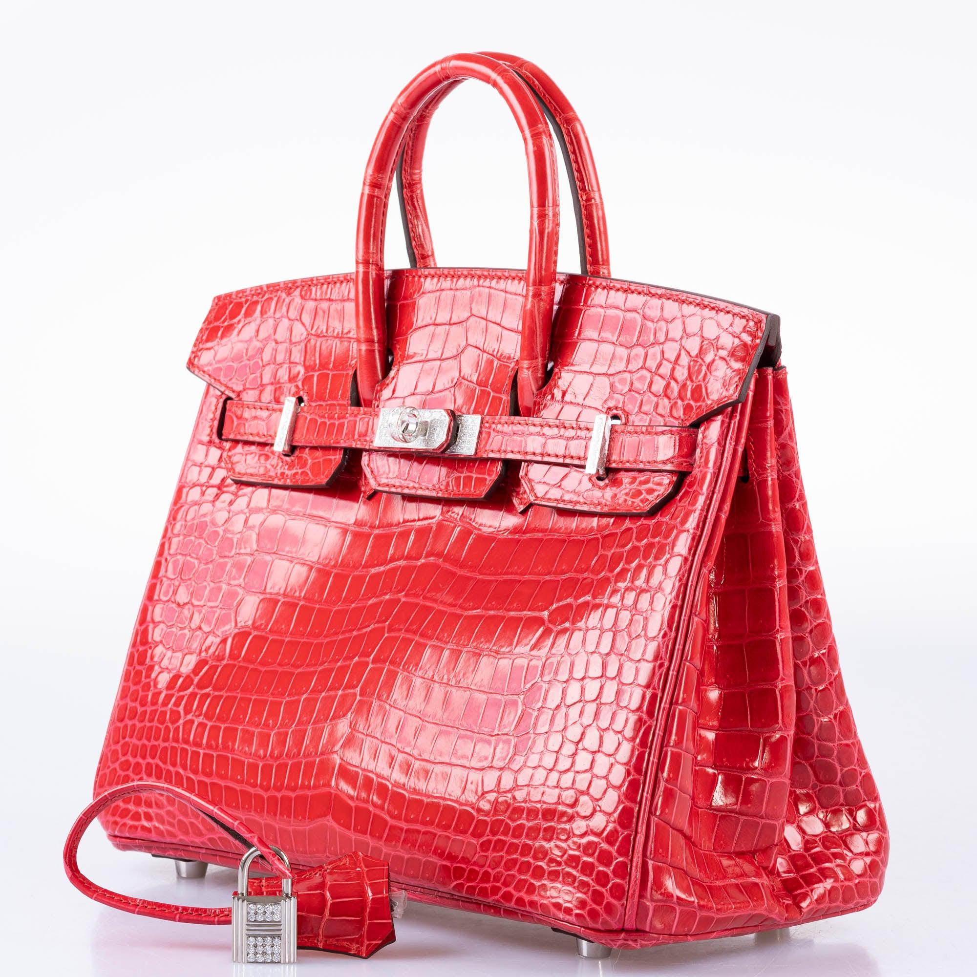Hermès Birkin 25 Rouge de Coeur Shiny Porosus Crocodile 18K White Gold Hardware & Diamonds - 2020, Y