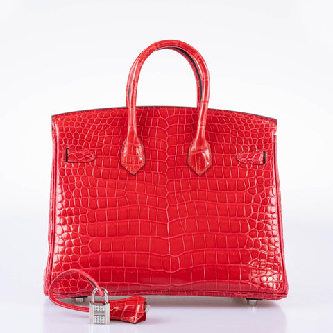 Hermès Birkin 25 Rouge de Coeur Shiny Porosus Crocodile 18K White Gold Hardware & Diamonds - 2020, Y