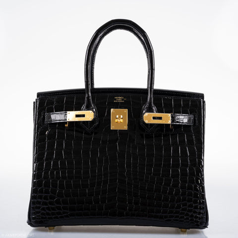 Hermès Birkin 30 Black Shiny Niloticus Crocodile Gold Hardware - 2021, Z