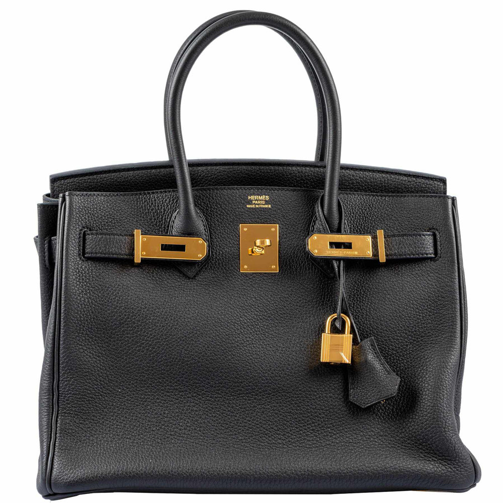 Hermès Birkin 30 Noir Togo Gold Hardware, front detail with lock and clochette