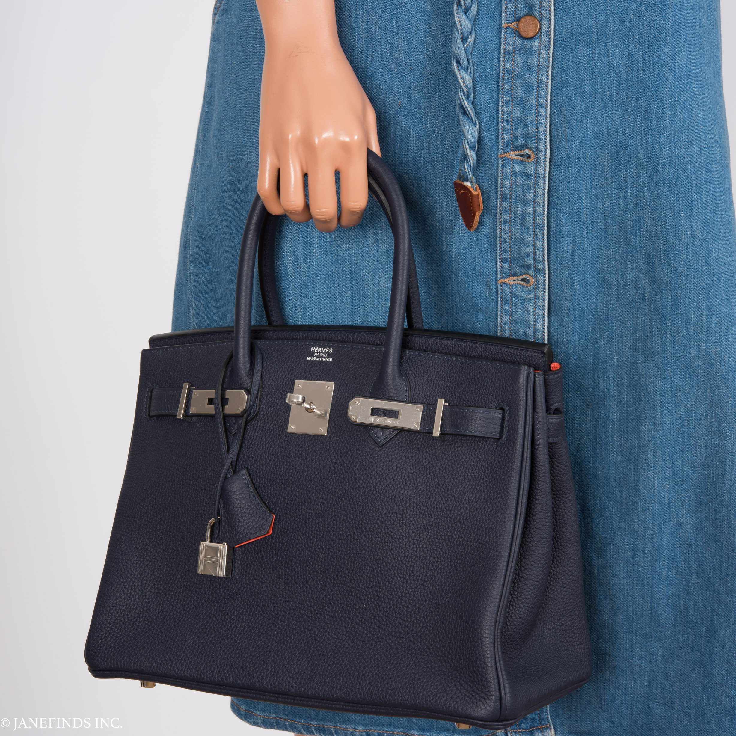 Hermès Birkin 30 Blue Nuit Verso Orange Poppy Togo Palladium Hardware