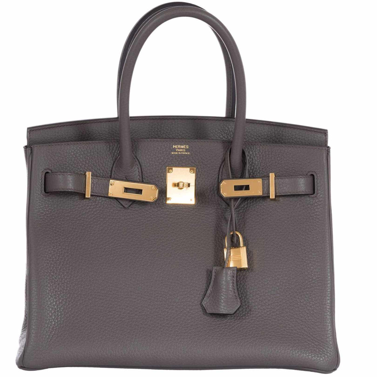 Hermès Birkin 30 Étain Clémence Gold Hardware, front view with the straps open, lock and clochette