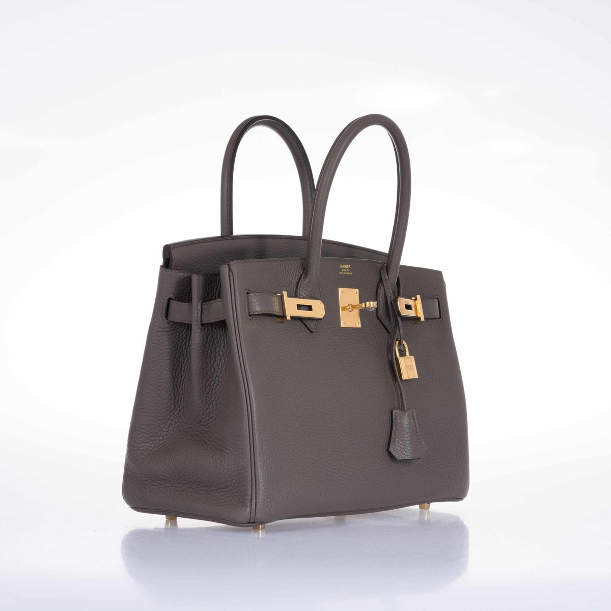 Hermès Birkin 30 Étain Clémence Gold Hardware, three-quarter left view with lock and clochette