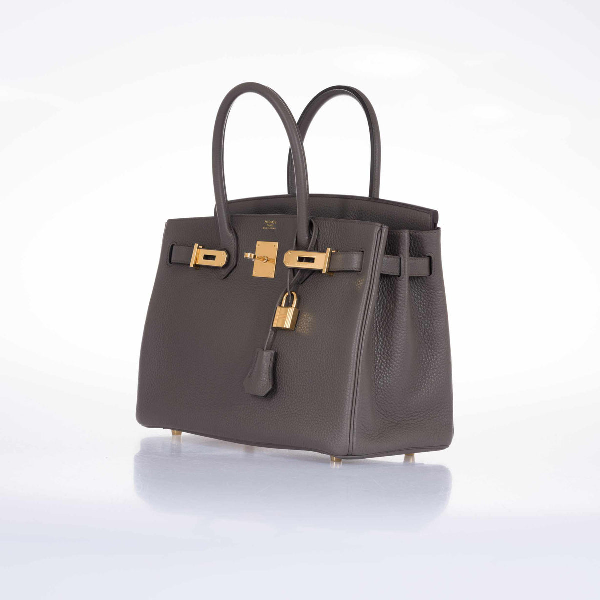 Hermès Birkin 30 Étain Clémence Gold Hardware, three-quarter right view with lock and clochette
