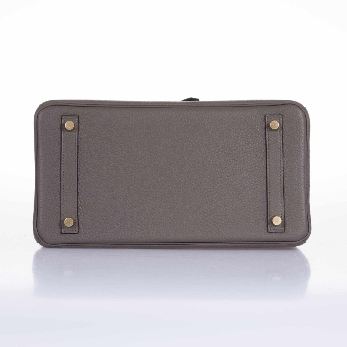 Hermès Birkin 30 Étain Clémence Gold Hardware, base view with protective feet