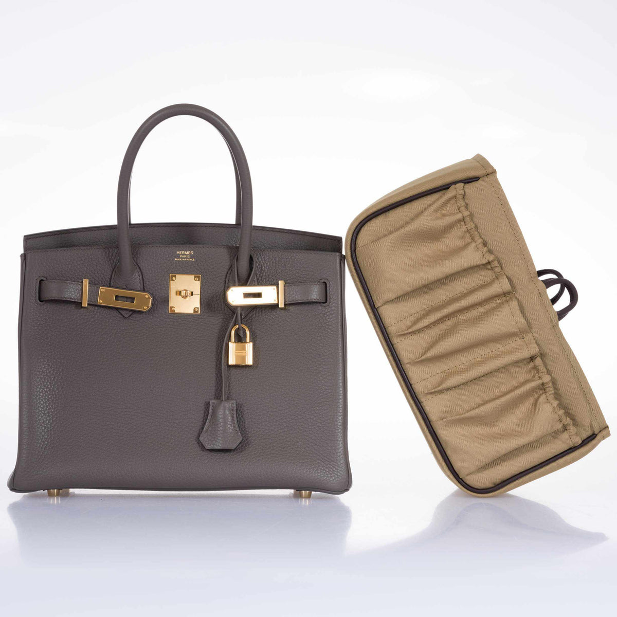 Hermès Birkin 30 Étain Clémence Gold Hardware, front view beside an organizer insert, not included