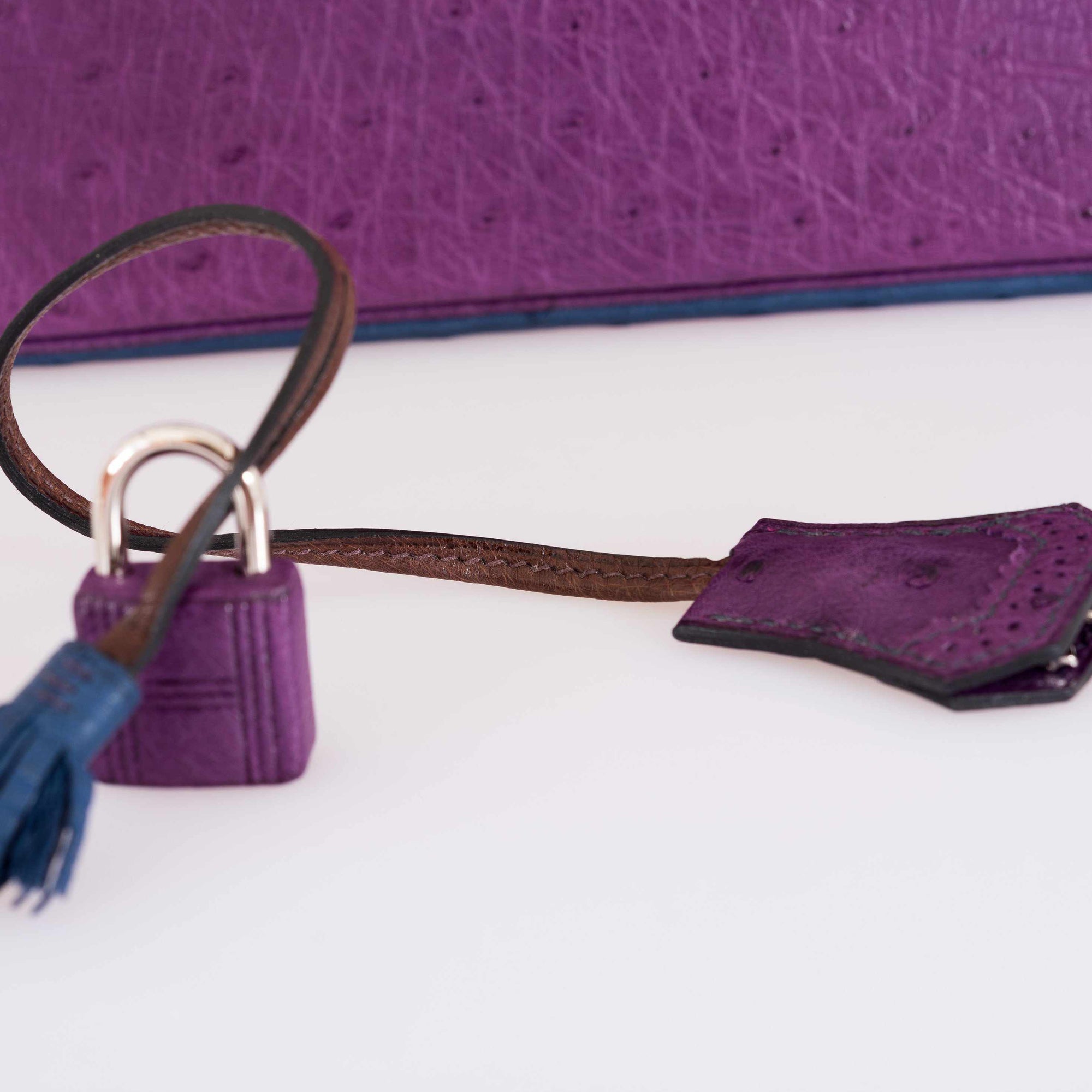 Hermès Birkin 30 Ghillies Tri-Color Ostrich Violine, Bleu de Malte & Marron Palladium Hardware