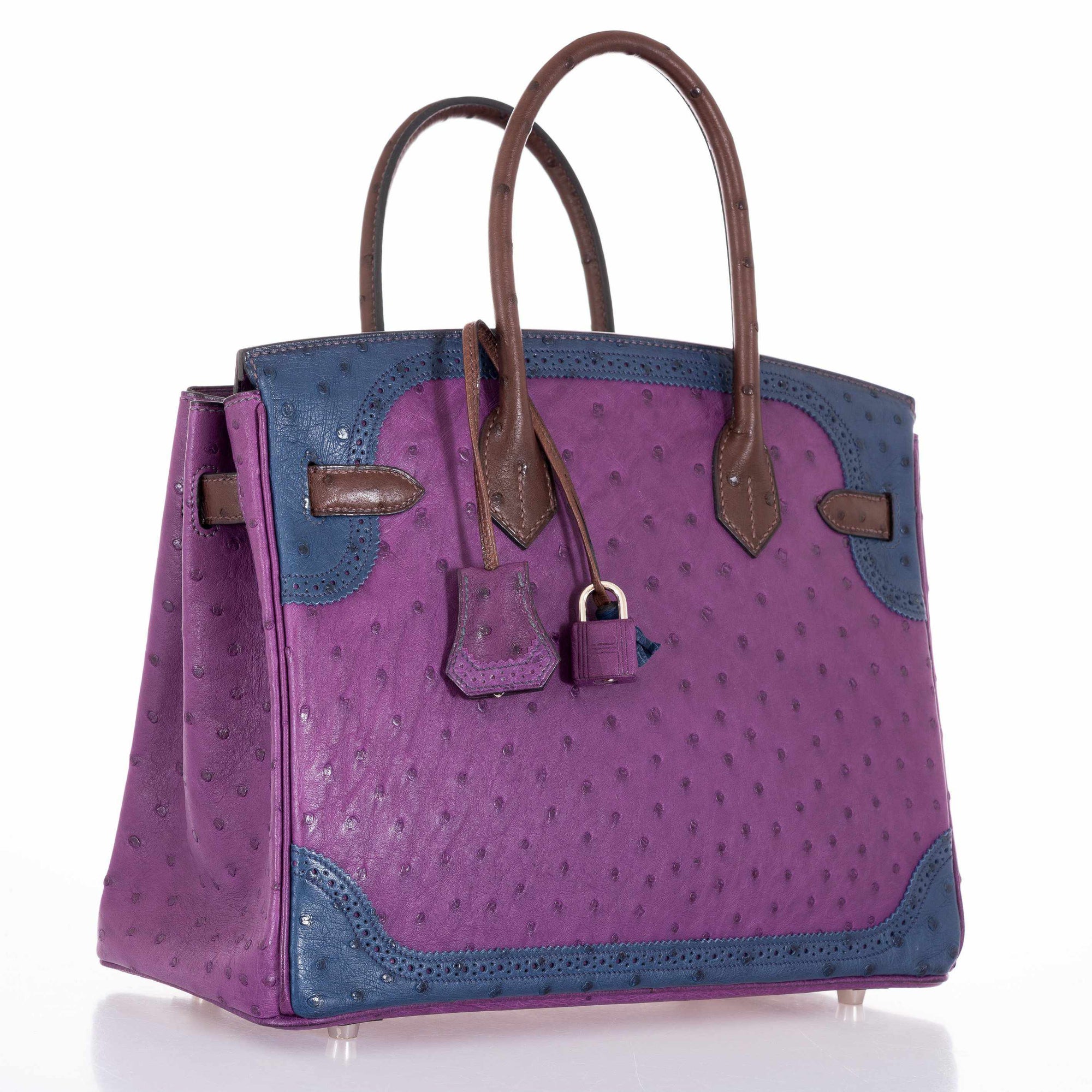 Hermès Birkin 30 Ghillies Tri-Color Ostrich Violine, Bleu de Malte & Marron Palladium Hardware