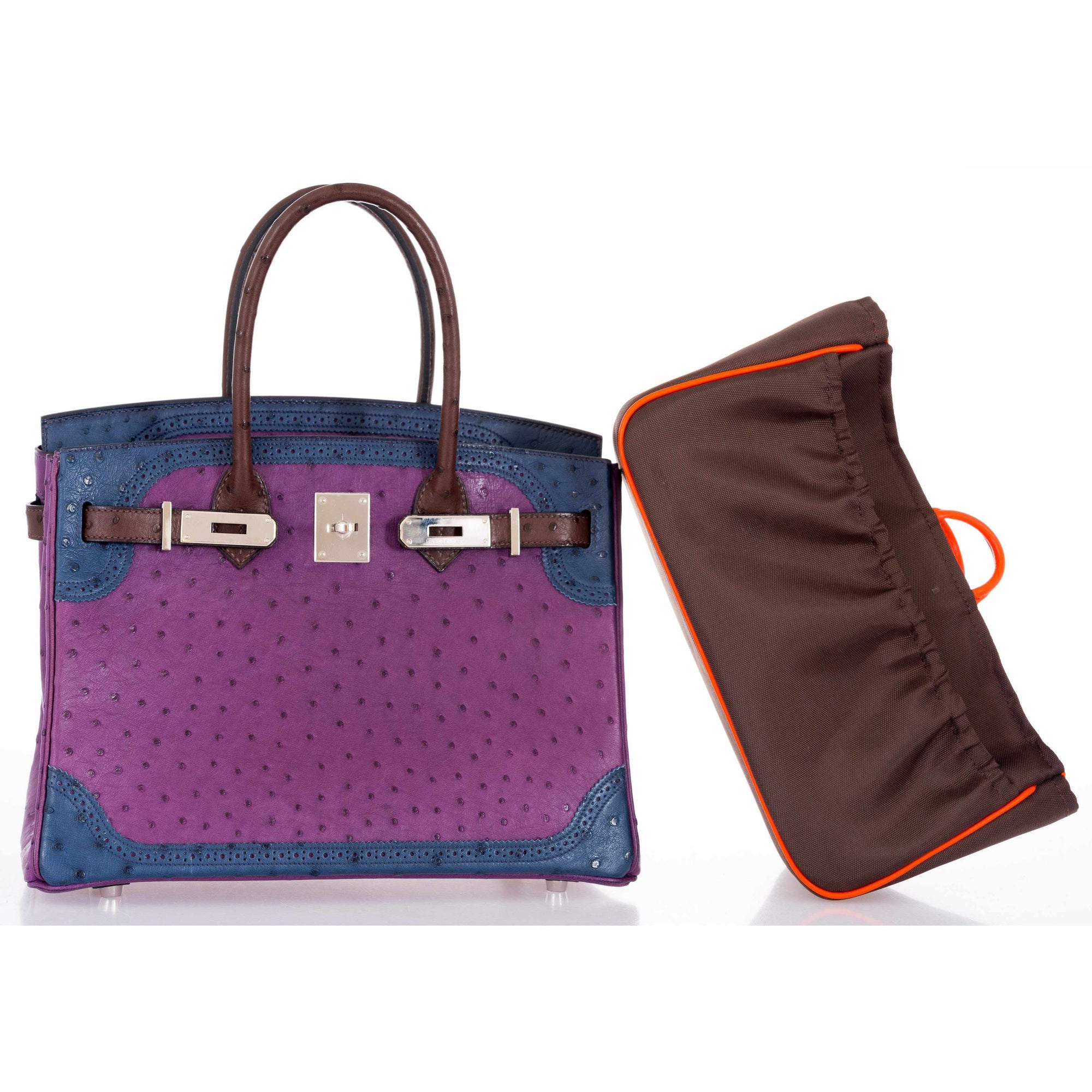 Hermès Birkin 30 Ghillies Tri-Color Ostrich Violine, Bleu de Malte & Marron Palladium Hardware