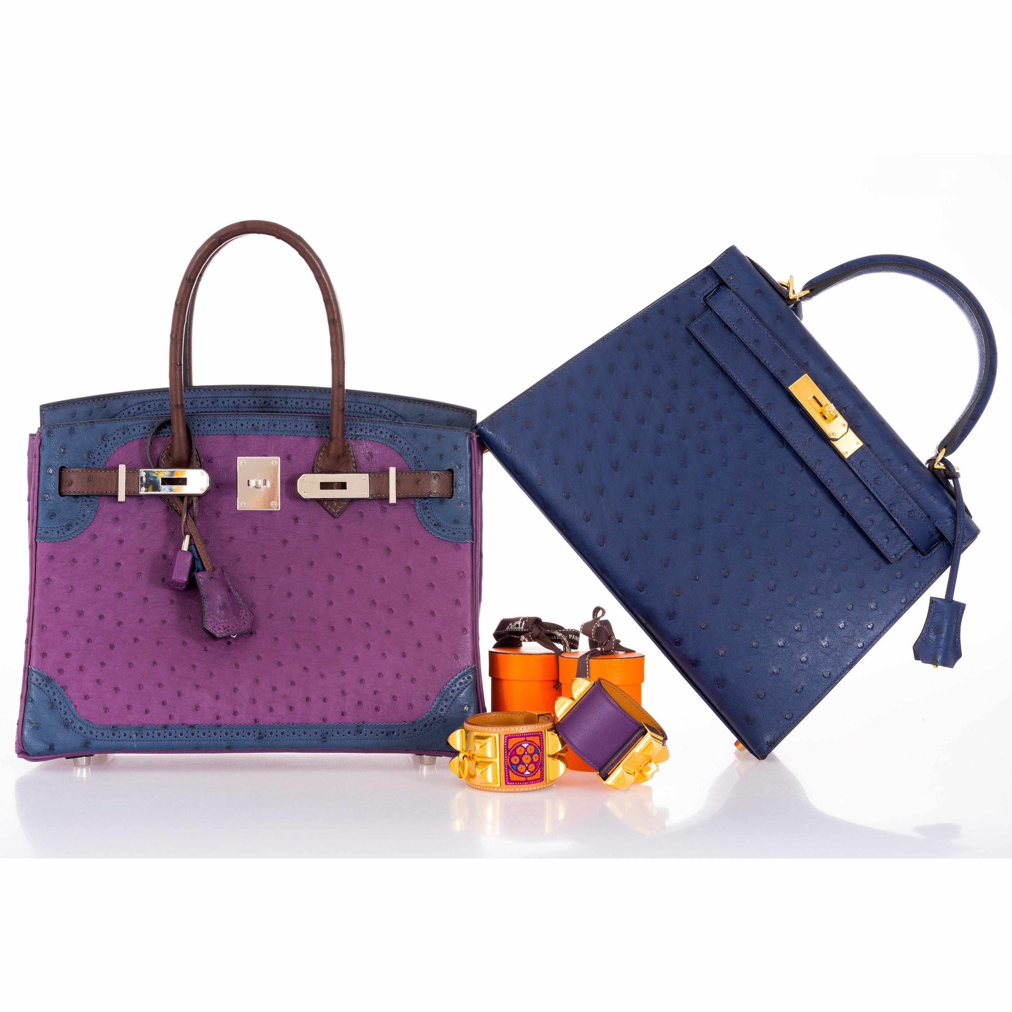 Hermès Birkin 30 Ghillies Tri-Color Ostrich Violine, Bleu de Malte & Marron Palladium Hardware