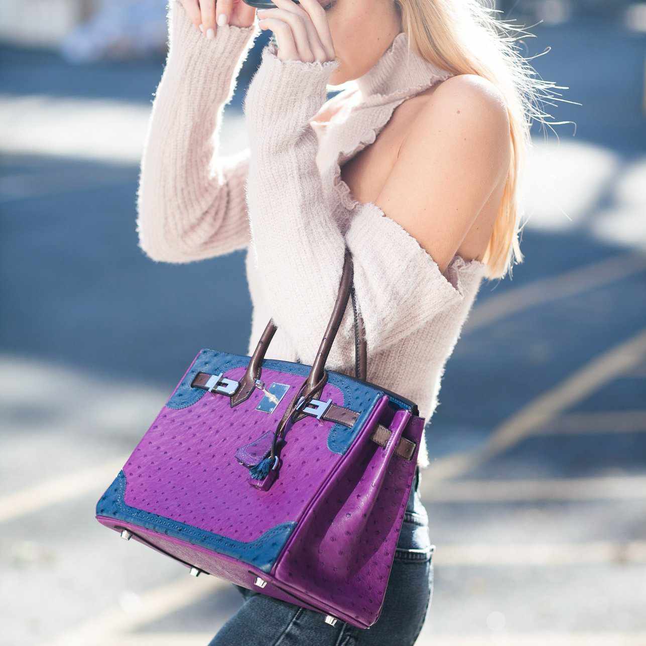 Hermès Birkin 30 Ghillies Tri-Color Ostrich Violine, Bleu de Malte & Marron Palladium Hardware