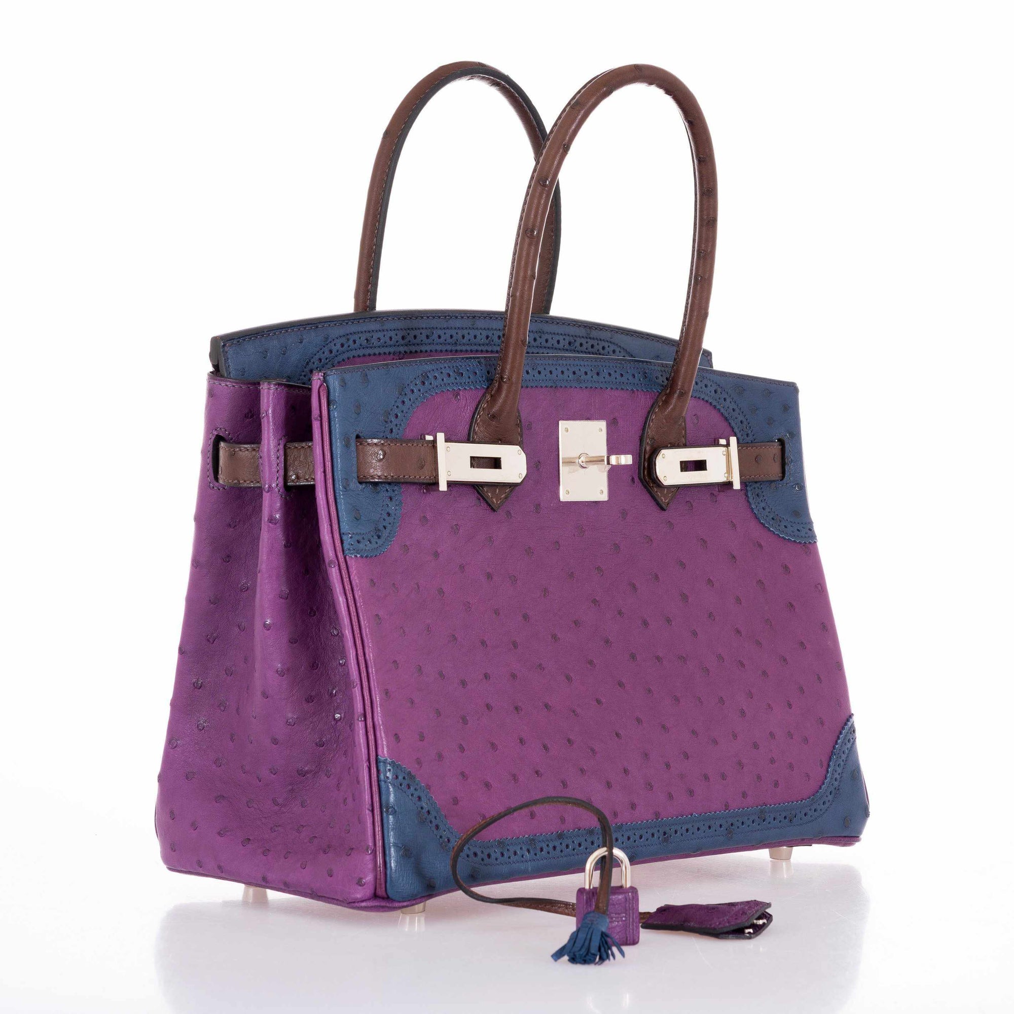 Hermès Birkin 30 Ghillies Tri-Color Ostrich Violine, Bleu de Malte & Marron Palladium Hardware
