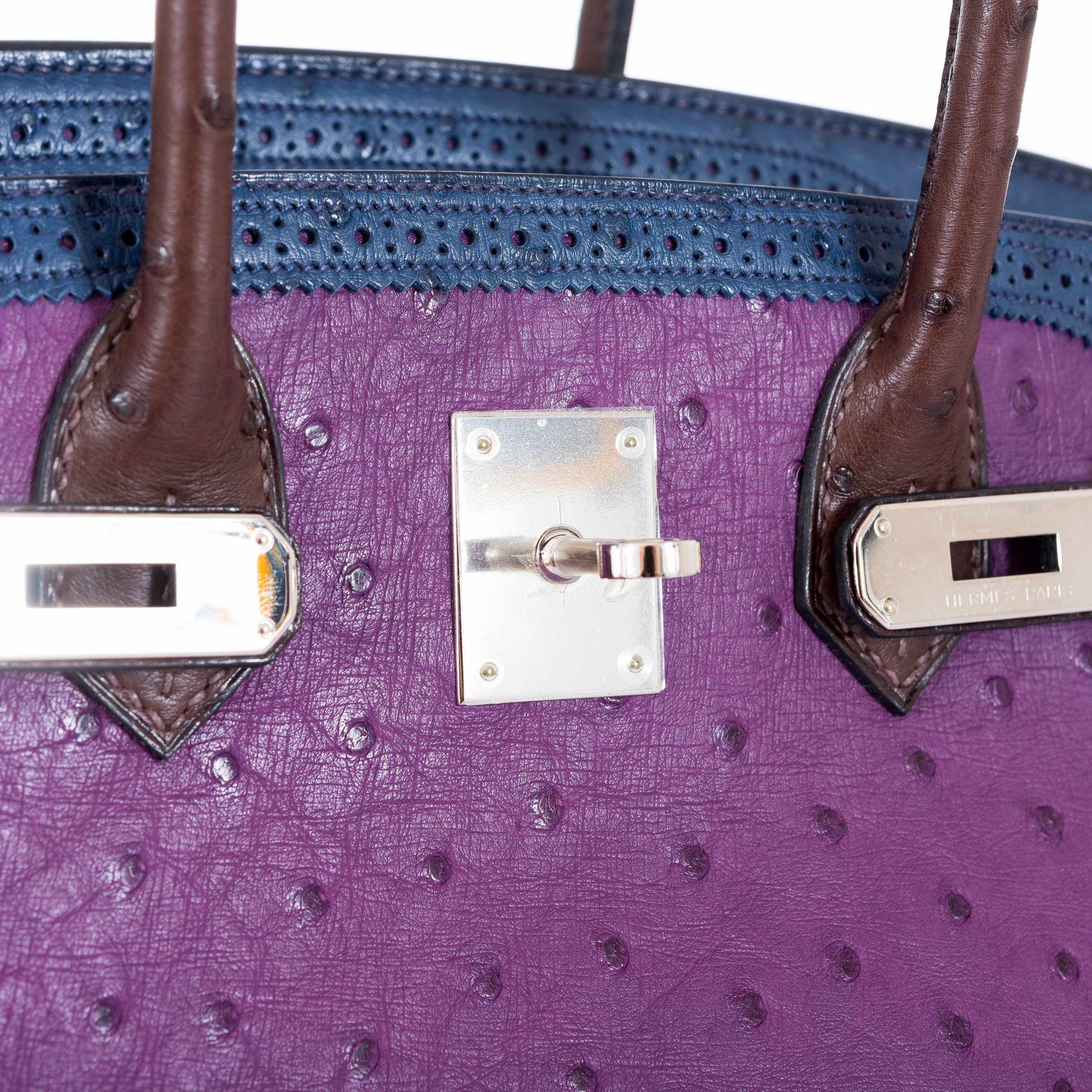Hermès Birkin 30 Ghillies Tri-Color Ostrich Violine, Bleu de Malte & Marron Palladium Hardware