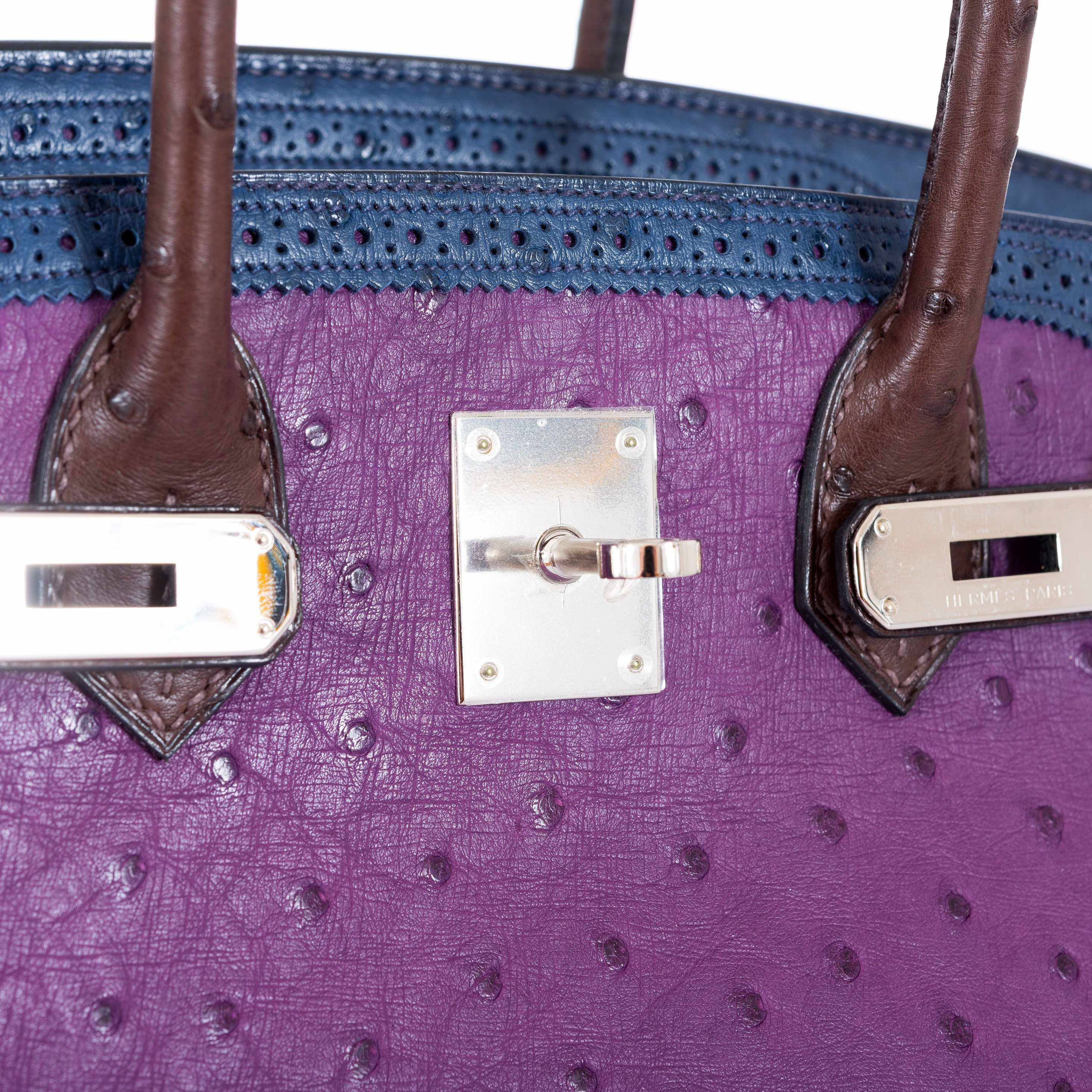 Hermès Birkin 30 Ghillies Tri-Color Ostrich Violine, Bleu de Malte & Marron Palladium Hardware