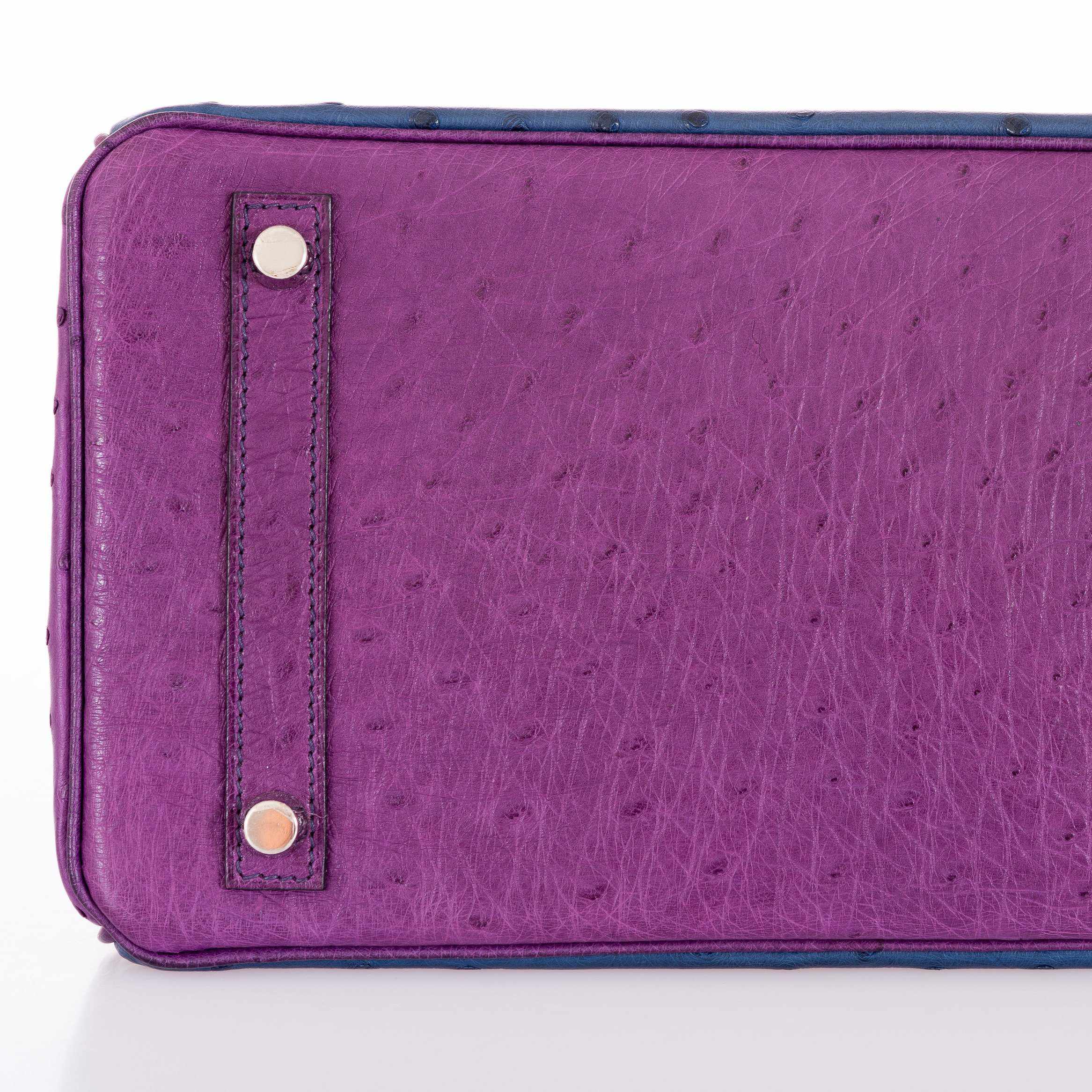 Hermès Birkin 30 Ghillies Tri-Color Ostrich Violine, Bleu de Malte & Marron Palladium Hardware