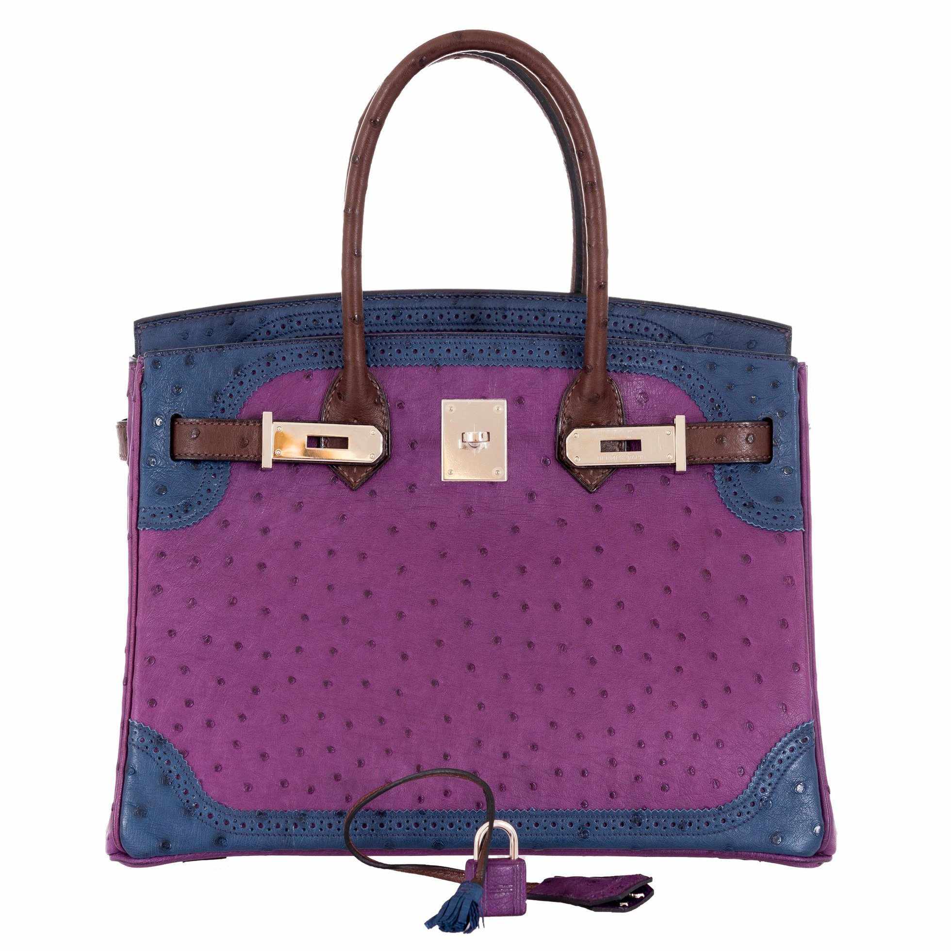 Hermès Birkin 30 Ghillies Tri-Color Ostrich Violine, Bleu de Malte & Marron Palladium Hardware